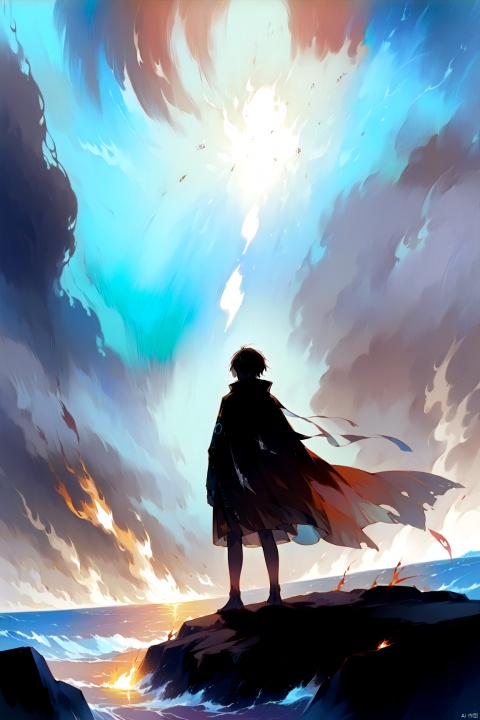 (score_9,score_8_up,score_7_up,score_6_up,score_5_up,score_4_up） 
a lonely boy standing on a rock at sea, watching the sky full of fireballs fallen from outer space, a doom day of earth,