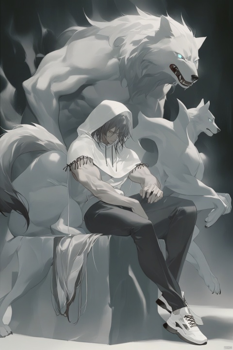  masterpiece, best quality, as7033, baiwe7033 style,
This digital artwork presents a figure dressed in a white hoodie and pants,sitting with their legs crossed. They wear white sneakers with black detailing. Their hair falls loosely around their shoulders and back. Behind this figure looms a formidable gray wolf,its expression fierce,with sharp canines bared and eyes glowing intensely. The wolf's fur is detailed with varying shades of gray,capturing the animal's muscular build and powerful stature. The overall mood of the image is somber and intense,accentuated by the dark background that fades into obscurity.,
