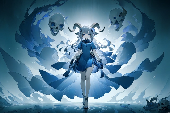  masterpiece,best quality,
(full body),standing,looking at viewer,(solo),
(1girl:1.5),solo,serafuku,lycoris flower,(goat skull:1),(horror),
(gloomy),(blue pigment:1.33),(hollow eyes:1),(expressionless
eyes),cowboy shot,ghost behind,floating animal skull,
(hanya, hair ornament:1.1),1girl,gloves,breasts,toenail
polish,makeup,( good hands, nice hands:0.5),(beautiful face),
((intricate detail)),clear face,china dress,