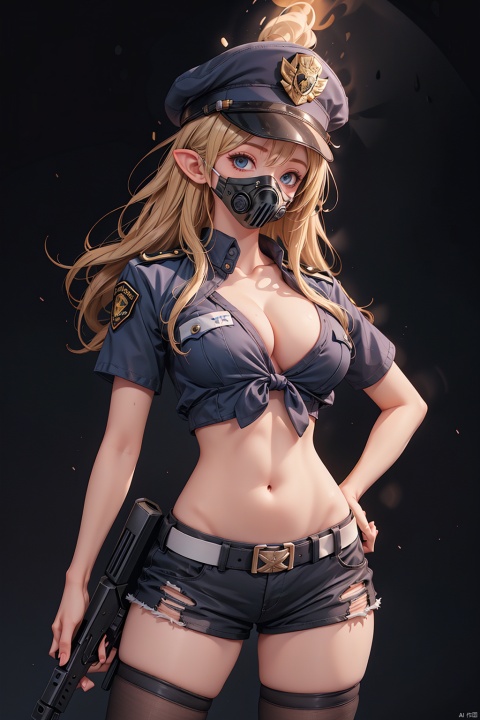 1girl, horns, solo, police, thighhighs, police uniform, navel, hat, mask, shorts, breasts, midriff, belt, pointy ears, long hair, uniform, blonde hair,  weapon, police hat, black thighhighs, policewoman, crop top, short shorts, looking at viewer, gas mask, horns through headwear, shirt, front-tie top, cleavage, standing, tied shirt, arms at sides, peaked cap, mouth mask, short sleeves, holstered weapon, large breasts, sheath, sheathed, respirator, blue eyes, gun, black shorts