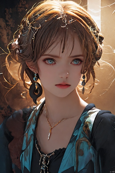  1girl,upper body,necklace,earrings,jewelry,(((masterpiece, best quality))), in the dark,deep shadow,
