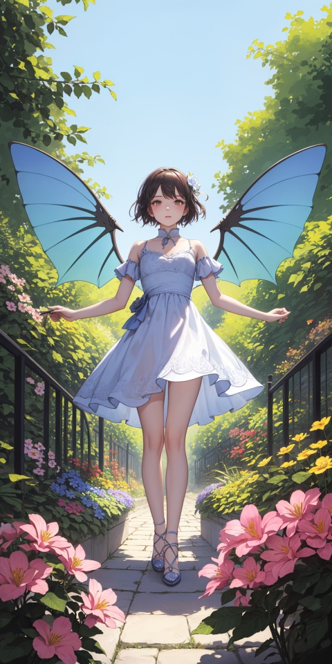  （Symmetrical art ：1.4）,looking at viewer, (((masterpiece,best quality))),((good structure,Good composition,good atomy)), ((clear, original,beautiful)),yjf,outdoors,spring,flowers,tyjf,qingsha,1girl,wings,garden,dress