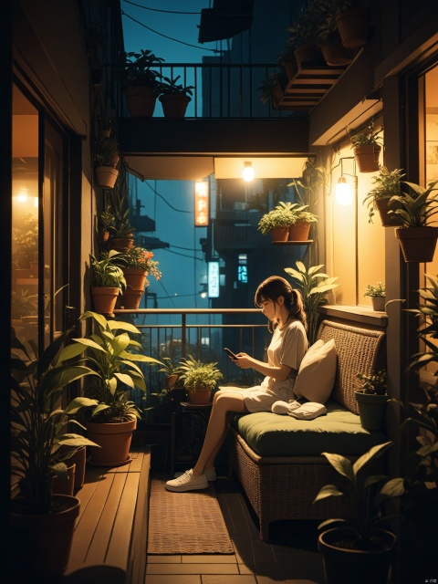 On a balcony filled with potted plants, a girl sits on a wicker bench, engrossed in her phone. In the dim light, only the faint glow of her phone screen illuminates the scene. The distant streetlights and neon signs blur into a hazy mist.
