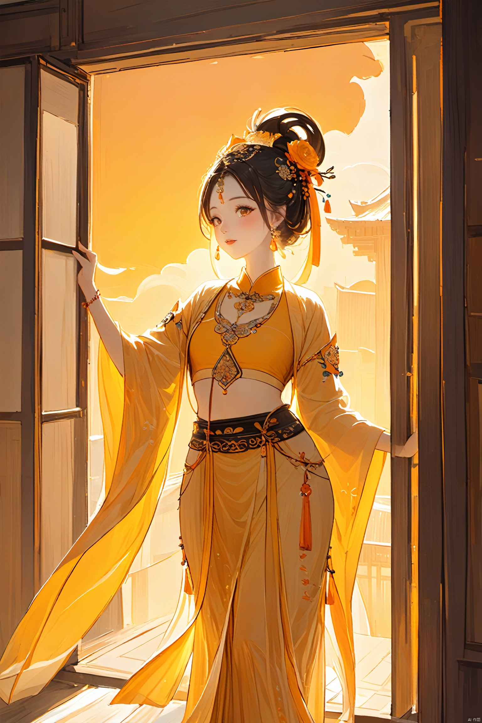  {{master piece}},best quality, baiwe7033 style,1girl,solo,standing on windows,sun light on her head,nishang,nishang clothes,yellow orange theme,