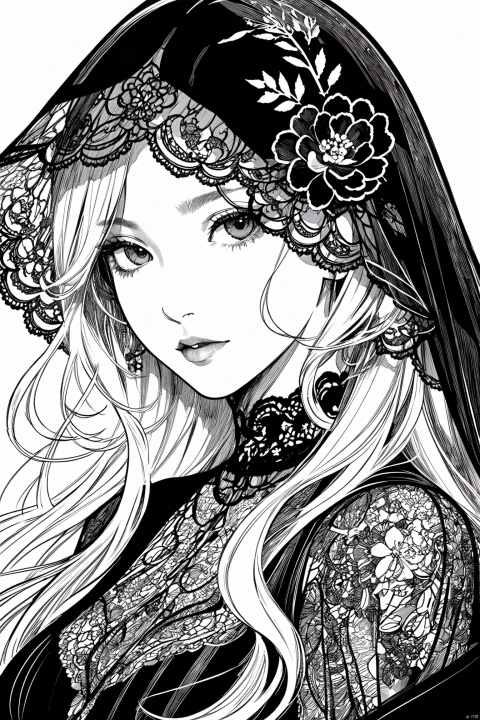  best quality,line art,line style,
the essence of a woman's face,partially obscured by a black veil.as style,cute girl