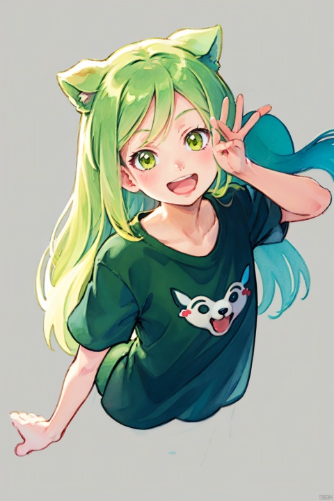  Hd, 8k, yellow background, 1 girl,light green long hair, open mouth, face to view, smile, simple clothes, colorful T-shirt,1dog,cute, green, white, kawj, line anime, watercolor, kate, \(style\),Flat style