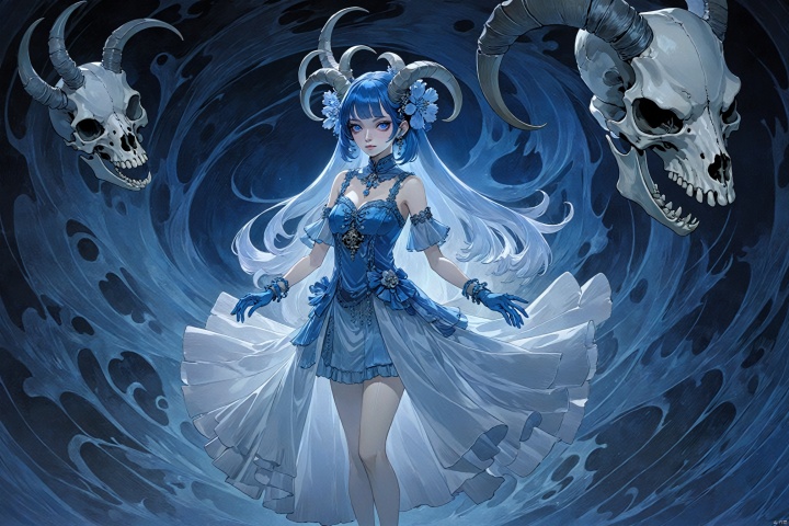 masterpiece,best quality,
(full body),standing,looking at viewer,(solo),
(1girl:1.5),solo,serafuku,lycoris flower,(goat skull:1),(horror),
(gloomy),(blue pigment:1.33),(hollow eyes:1),(expressionless
eyes),cowboy shot,ghost behind,floating animal skull,
(hanya, hair ornament:1.1),1girl,gloves,breasts,toenail
polish,makeup,( good hands, nice hands:0.5),(beautiful face),
((intricate detail)),clear face,china dress,