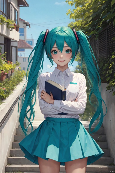 1girl, hatsune miku, solo, long hair, twintails, window, holding, shirt, very long hair, plant, holding book, book, white shirt, skirt, outdoors, railing, stairs, looking at viewer, green eyes, smile, aqua hair, aqua eyes, long sleeves, bush, standing, crossed arms, blue skirt, green hair, hair between eyes, building