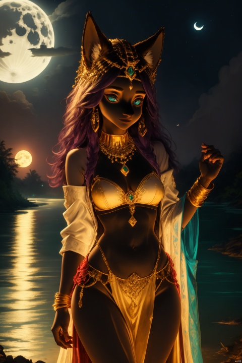  girls, egyptian princess, thin,gold jewelry,, (shiny skin:0.8), tera kas,masterpiece,best quality,in the dark,deep shadow,night,moon,river,furry,animal ears,