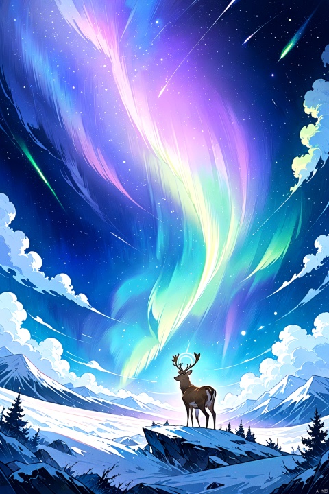  a lonely deer, solo, standing on a rock at sea, looking up to the sky, watching the sky, many fireballs flying and fallen down from outer space, a doom day of earth, halo, aurora mixed with shooting stars, animal focus, grand view, light sparkles, glory light in clouds,
very pleasing, newest, high score image, very aesthetic, line art,line style,