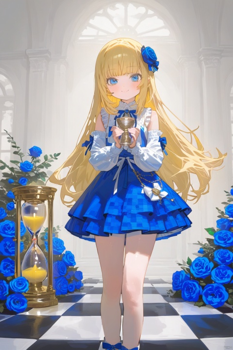  (masterpiece),(best quality),1girl, solo, blue_flower, flower, blue_eyes, long_hair, blonde_hair, blue_rose, detached_sleeves, smile, rose, skirt, long_sleeves, shirt, looking_at_viewer, closed_mouth, white_shirt, blush, bow, checkered_floor, holding, hourglass, standing, sleeveless, indoors, frills, fantasy7033, baiwe7033 style