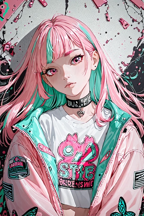 (score_9,score_8_up,score_7_up,score_6_up,score_5_up,score_4_up） 
1girl, highres, absurdres:1.2,1girl, solo, multicolored_hair, pink_hair, shirt, long_hair, bangs, upper_body, jacket, looking_at_viewer