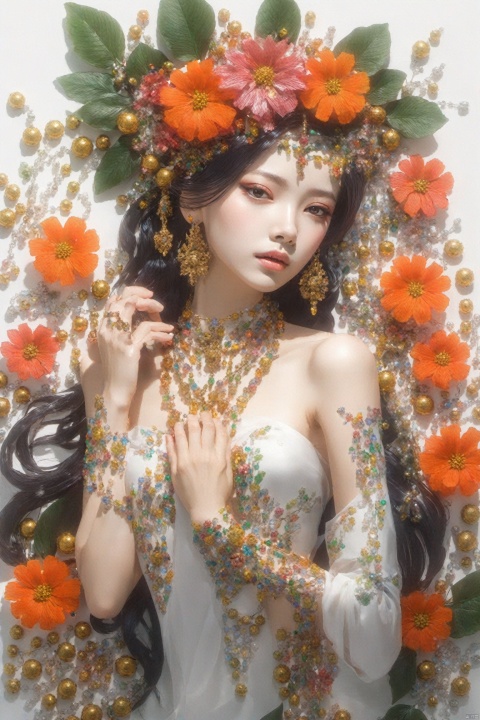 1girl, upper body,long hai,flowers theme,jewelry, ,(((from above))), , fantasy7033