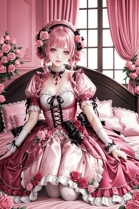  1girl,flowers, jewerly,cowboy shot,ASF, NVZ,lolita_fashion,syd,indoors,bed,laying down,rose pink theme,