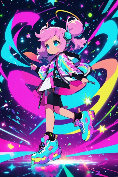  A girl,a female anime character is wearing futuristic and shoes, in the style of psychedelic neon, nintencore, skottie young, light pink and light black, kidcore, dark white and dark cyan, colorful chaos, sifang