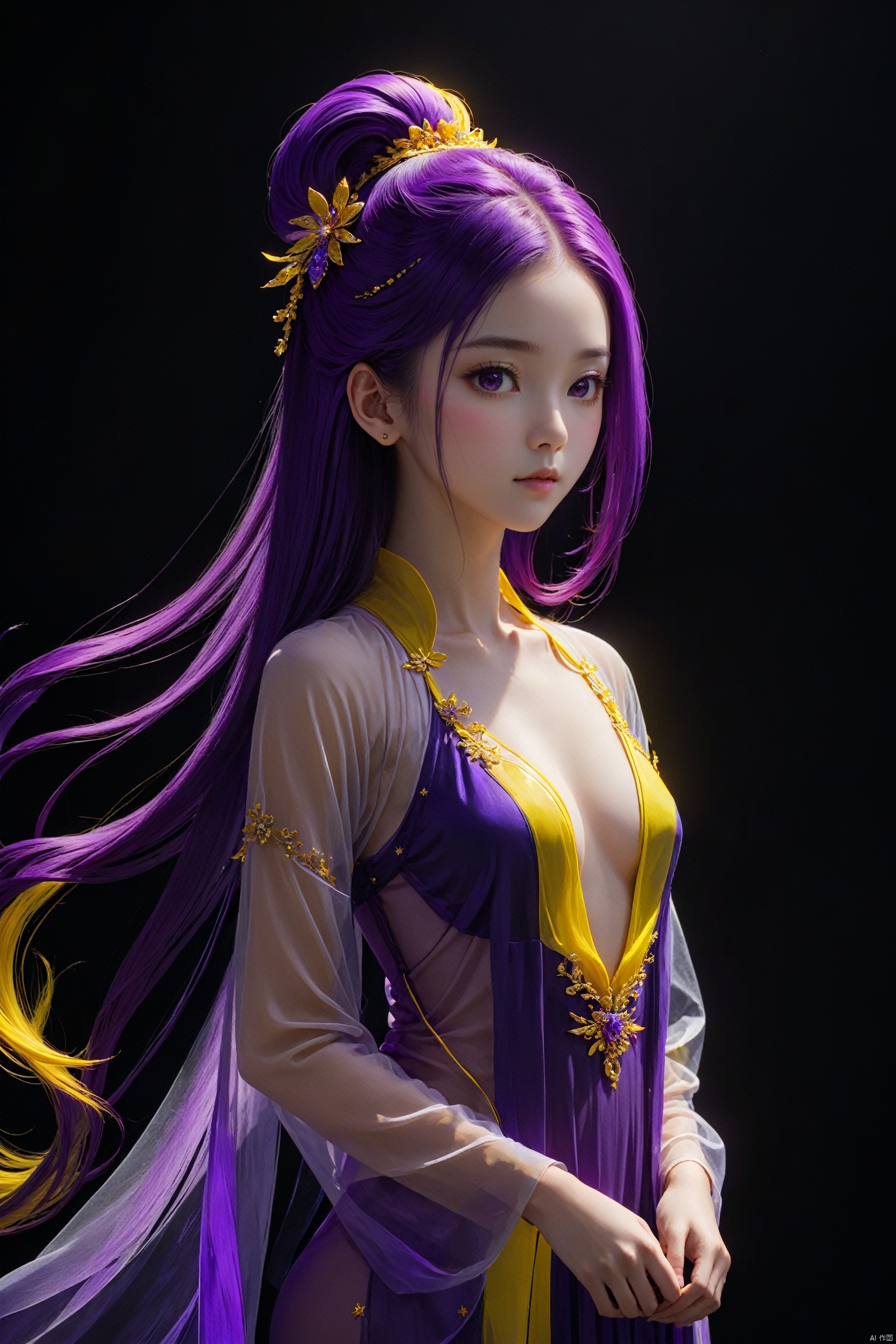  1girl, qingsha,,purple yellow theme,standing ,in the dark,simple background,upper body, looking at viewer,long colorful hair,see through,(((masterpiece,best quality))),((good structure,Good composition,good atomy)), ((clear, original,beautiful)),