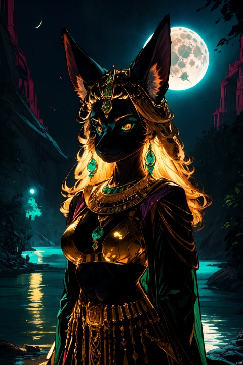  girls, egyptian princess, thin,gold jewelry,, (shiny skin:0.8), tera kas,masterpiece,best quality,in the dark,deep shadow,night,moon,river,furry,animal ears, Real