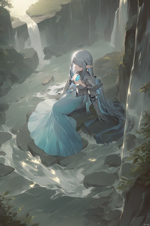 masterpiece, best quality, as7033, baiwe7033 style,


(score_9,score_8_up,score_7_up,),
1girl, girl knight, beautiful detailed eyes, glowing eyes, blunt bangs, gradient hair, pointy ears, [pearl:opal:0.5] armor, armored dress, 
waterfall, scenery, outdoors, wariza, sitting, from above, looking at viewer,
detailed Illustration, official artwork, wallpaper, official art, night, dappled moonlight,
 bioluminescent dress,