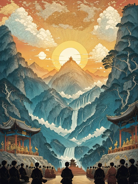 In a sky cluttered with clouds, a colossal Chinese bell floats. Golden sunset rays bathe the bell, adorned with ancient patterns. Waterfalls cascade down floating mountains in the distance. Near, on a mountain peak altar, a crowd faces the bell, assuming meditative postures.line art，line style，