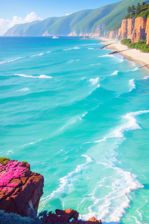  , shinkai color, OUT7033,
Seascape, beach, turquoise water, waves, rocky coast, clear sky, sun reflections, white waves, vegetation on cliffs, art, vibrant colors, serenity, nature, coastal landscape, blue sky, outdoor scene, no people, seaside,
