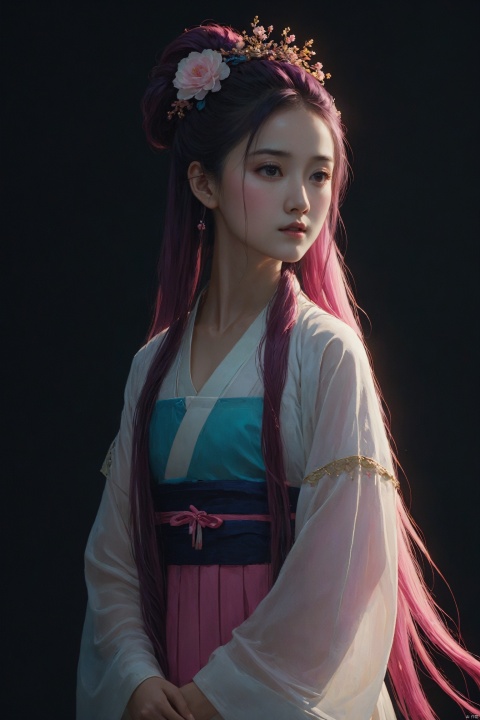  nishang, 1girl, qingsha,,white pink theme,standing ,in the dark,simple background,upper body, looking at viewer,long colorful hair,(((masterpiece,best quality))),((good structure,Good composition,good atomy)), ((clear,original,beautiful)),