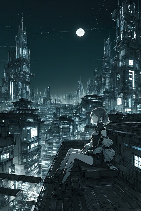  1girl,upper body,cyberpunk,future city,night,sitting on the roof,beautiful,masterpiece,extremely detailed,best quality,very aesthetic, line art, as style.line style,