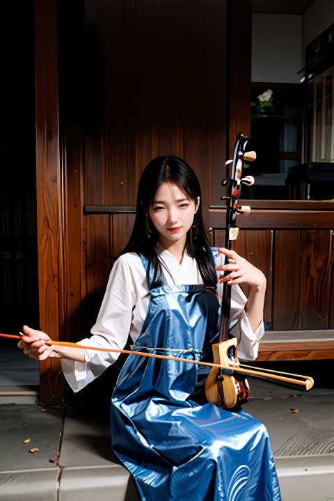  playing erhu,1girl,blue long hair, sifang, NVZ