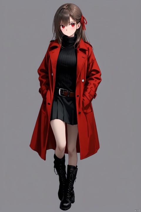 , 1girl, solo, sweater, skirt, full body, brown hair, white background, coat, simple background, hands in pockets, black footwear, looking at viewer, boots, brown coat, ribbed sweater, belt, standing, long hair, open coat, turtleneck, hair ribbon, breasts, turtleneck sweater, black skirt, ribbon, bangs, red ribbon, trench coat, long skirt, long sleeves, open clothes, red eyes, brown sweater