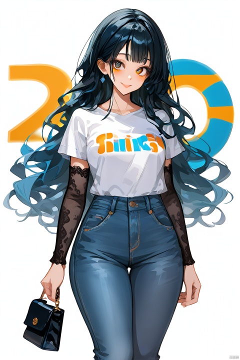A stylish young woman poses on a white background, wearing a graphic white tee and paint-splattered blue jeans, elevated by black lace elbow gloves. With wavy hair and subtle makeup, she exudes confidence, holding a purse and striking a fashionable stance.