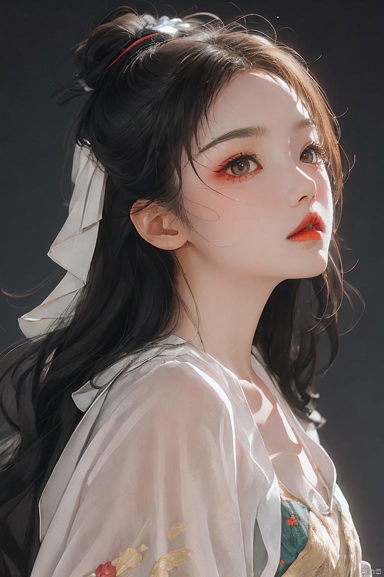  1girl, solo, long hair, looking at viewer, simple background, (black hair:1.2), closed mouth, upper body, artist name, from side, looking to the side, makeup, straight hair, brown background, red lips, (red Hanfu:1.2), (realistic:1.2), red robe, Chinese style