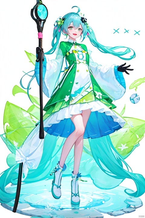 thinbaby,1girl, see-through, long hair, white background, green hair, very long hair, see-through skirt, open mouth, see-through dress, dress, ahoge, simple background, jewelry, smile, green eyes, see-through sleeves, colored eyelashes, looking at viewer, earrings, hair ornament, standing, colored skin, gloves, :d, twintails, thin body, full body, solo, 1girl