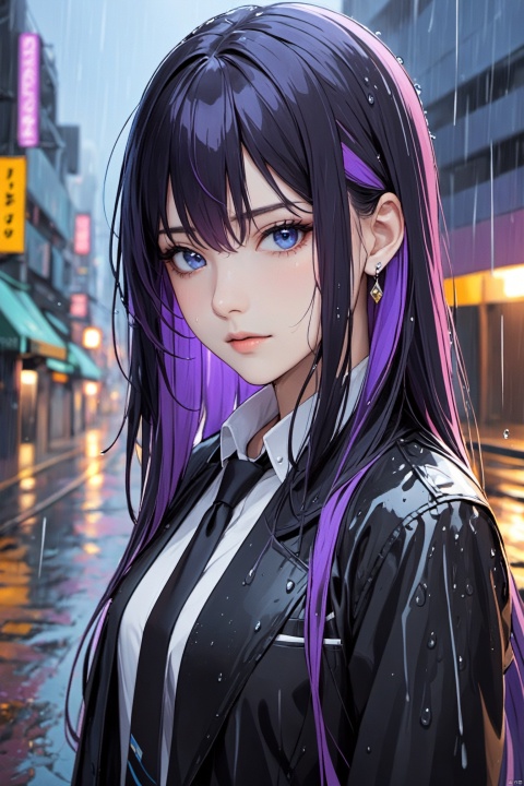  1girl,shirt,solo,necktie,rain,blue eyes,long hair,jewelry,jacket,earrings,black necktie,looking at viewer,black hair,collared shirt,black jacket,upper body,closed mouth,purple hair,multicolored hair,outdoors,bangs,open jacket,wet,background,open clothes,colored inner hair,hair between eyes,
