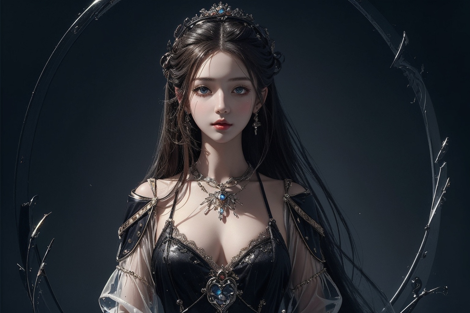 (((masterpiece,best quality))),((good structure,Good composition,good atomy)), ((clear, original,beautiful)),,1girl, long hair,fantasy black etheme,looking_at_viewer,see-through,