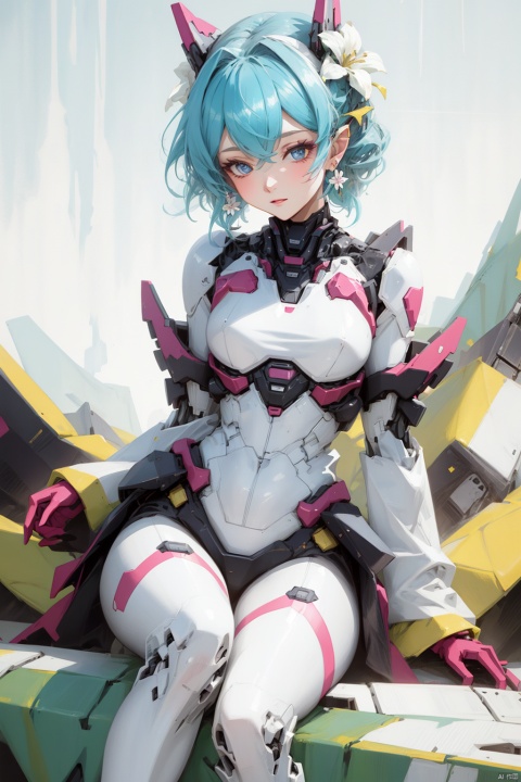  1girl,(flowers theme), (jewerly theme),looking at far,,(((white theme))),sitting ,EARRINGS,HAND BARCERT,NECK TIE,MECHA GIRL,simple background,