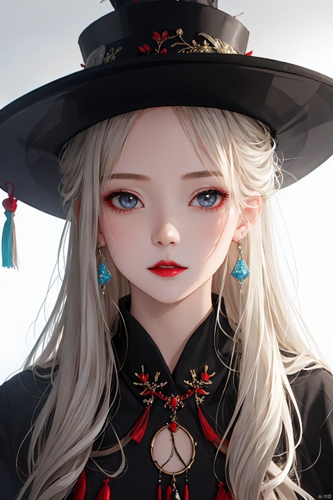  1girl, solo, long hair, looking at viewer, hair ornament, hat, jewelry, upper body, white hair, earrings, grey eyes, makeup, facial mark, chinese clothes, tassel, forehead mark, red lips, qingsha