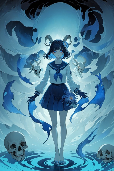  masterpiece,best quality,
(full body),standing,looking at viewer,(solo),
(1girl:1.5),solo,serafuku,lycoris flower,(goat skull:1),(horror),
(gloomy),(blue pigment:1.33),(hollow eyes:1),(expressionless
eyes),cowboy shot,ghost behind,floating animal skull,
(hanya, hair ornament:1.1),1girl,gloves,breasts,toenail
polish,makeup,( good hands, nice hands:0.5),(beautiful face),
((intricate detail)),clear face,