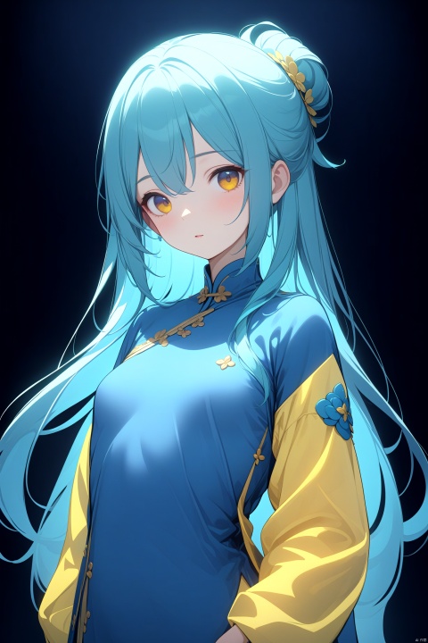  1girl, solo,qingsha,,yellow blue theme,standing ,in the dark,simple background,upper body, looking at viewer,long colorful hair,masterpiece,best quality,good structure,Good composition,good atomy,clear, original,beautiful, nishang,hands behind back,