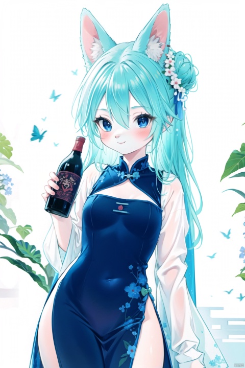 furry,furry girl,1girl, rabbit ears, animal, hair bun, solo, rabbit, bangs, blush, looking at viewer, dress, hair between eyes, china dress, bottle