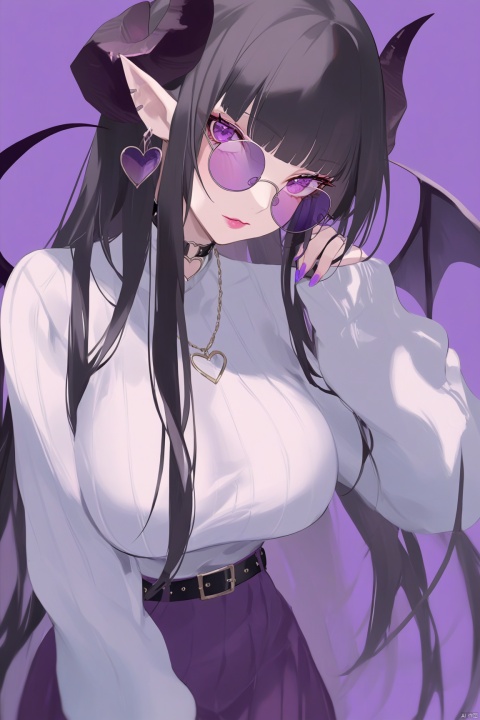  masterpiece, best quality, as7033, baiwe7033 style,

1girl,jewelry,horns,solo,earrings,breasts,long hair,sweater,looking at viewer,purple eyes,wings,white sweater,black hair,demon girl,round eyewear,tinted eyewear,large breasts,skirt,necklace,sunglasses,demon horns,pointy ears,lips,purple-tinted eyewear,demon wings,long sleeves,purple skirt,collar,upper body,curled horns,blunt bangs,purple background,choker,looking over eyewear,glasses,heart,pink lips,turtleneck,closed mouth,belt,