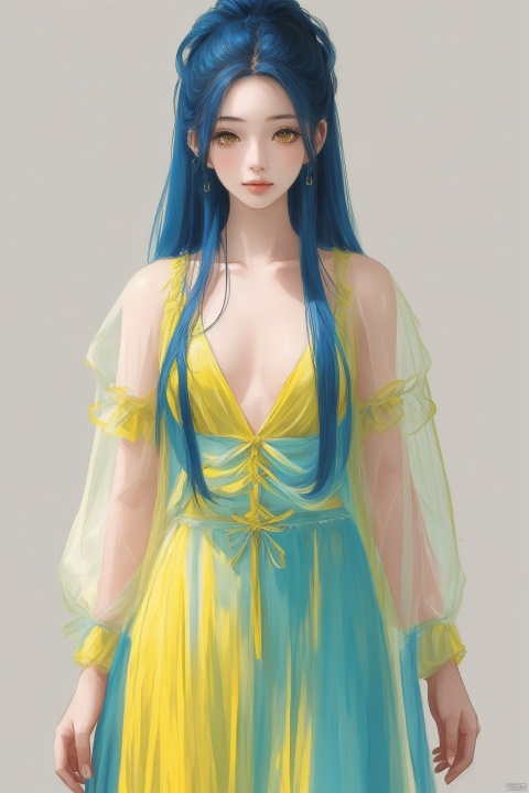  1girl, qingsha,,yellow blue theme,standing ,in the dark,simple background,cowboy body,dress, looking at viewer,long colorful hair,(((masterpiece,best quality))),((good structure,Good composition,good atomy)), ((clear, original,beautiful)),