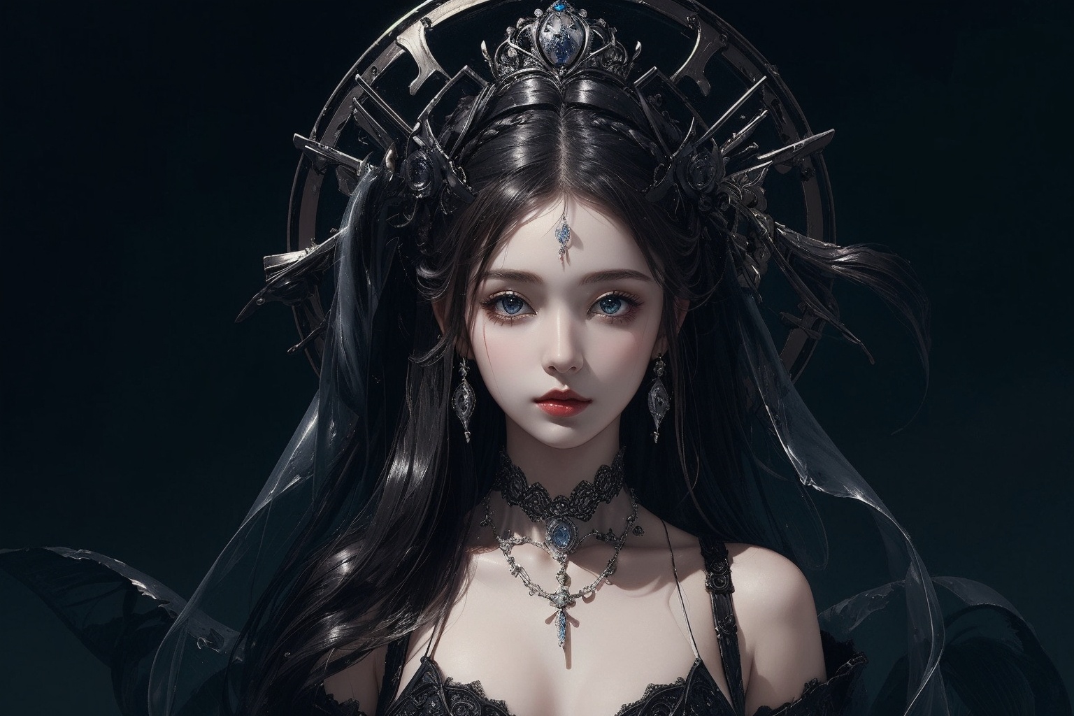 (((masterpiece,best quality))),((good structure,Good composition,good atomy)), ((clear, original,beautiful)),,1girl, long hair,fantasy black theme,looking_at_viewer,see-through,