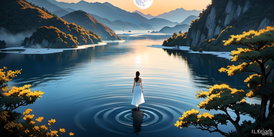 1girl standing on lake,vrey long hair,standing,from behind,back view,long dress,full body,chinese dress,lake,lake water,water ripple,Long Range Composition,Long shot(LS),from above,moon,Edgelight,Backlight,blue white theme,Chinese Ink Painting style,mountain at far,fog,flowers and plant at nearest,masterpiece,best quality,Rose, jasmine, platycodon,walking,white dress,lace_trim,bare_foot,