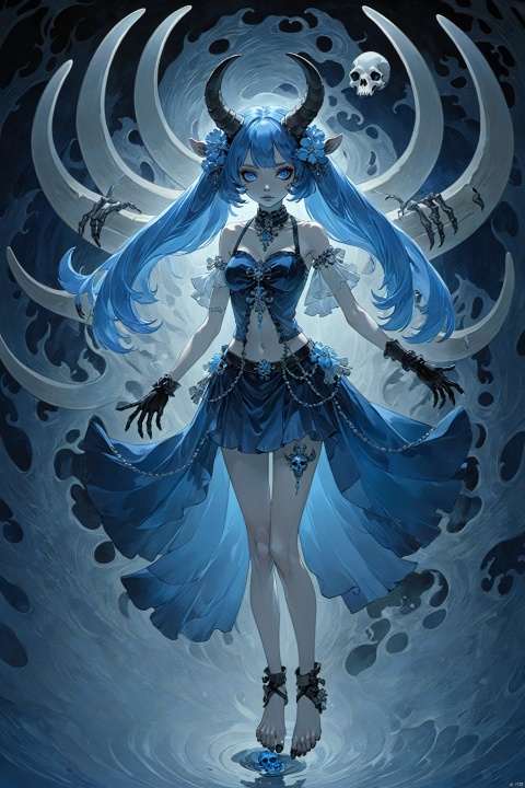  masterpiece,best quality,
(full body),standing,looking at viewer,(solo),
(1girl:1.5),solo,serafuku,lycoris flower,(goat skull:1),(horror),
(gloomy),(blue pigment:1.33),(hollow eyes:1),(expressionless
eyes),cowboy shot,ghost behind,floating animal skull,
(hanya, hair ornament:1.1),1girl,gloves,breasts,toenail
polish,makeup,( good hands, nice hands:0.5),(beautiful face),
((intricate detail)),clear face,