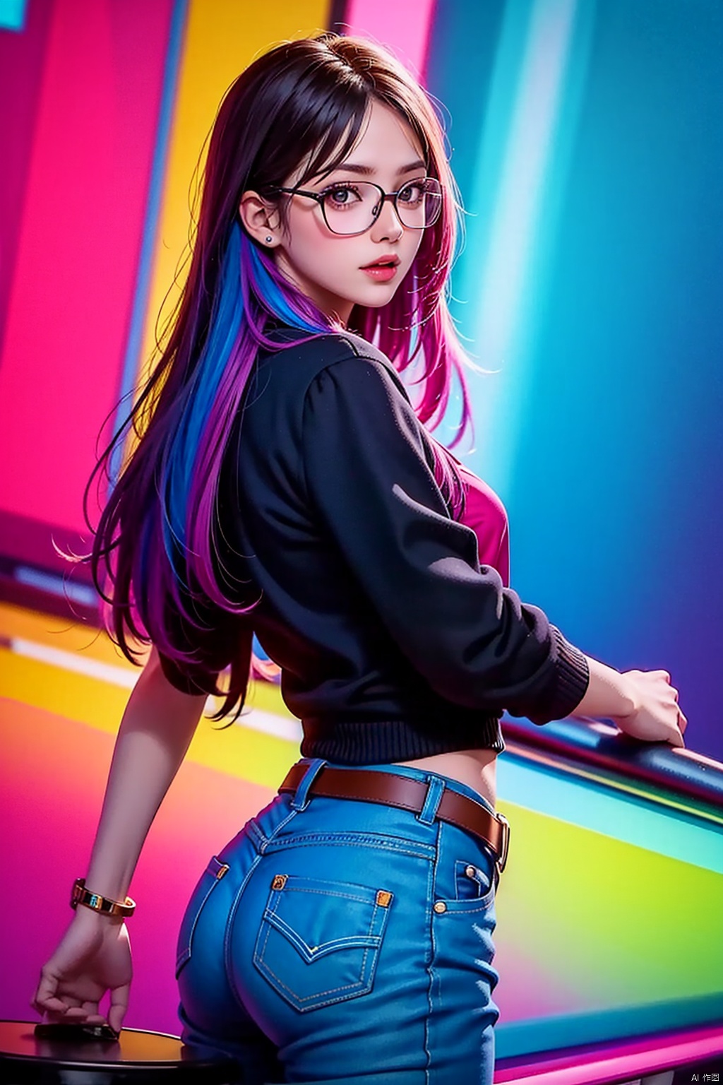  1girl, eyewear,long_hair, looking at viewer,cowboy shot, liuti,colorful hair,