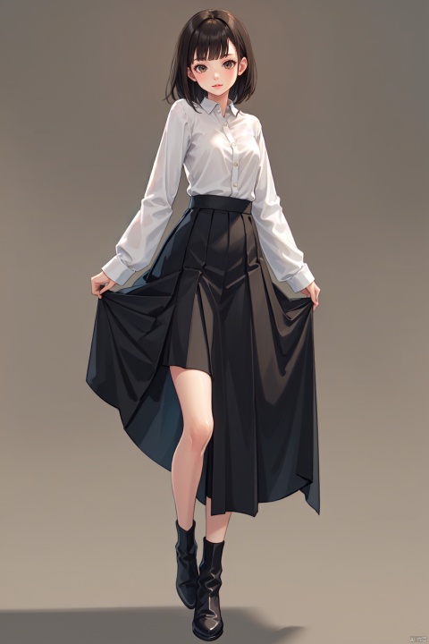  best quality, masterpiece, ultra-detailed, moody lighting,  1girl, solo, skirt, black footwear, full body, standing, grey background, long sleeves, sleeves past wrists, long skirt, shirt, bangs, looking at viewer, green skirt, black shirt, black hair, simple background, shoes, closed mouth, socks, brown hair, lips, brown eyes, skirt hold, medium hair, legs apart, black socks, aqua skirt, boots, fashion, gradient