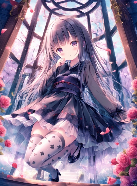  tinkle, loli, 1girl, blush, full body , layered dress, high heels, print pantyhose, long sleeves, translucent dress, see-through, shamed, :o, thighhighs, fantasy background, certain, window, closed mouth, black dress, kimono, leaning, gate, hair on floor, alice in wonderland,
masterpiece, best quality, nin style