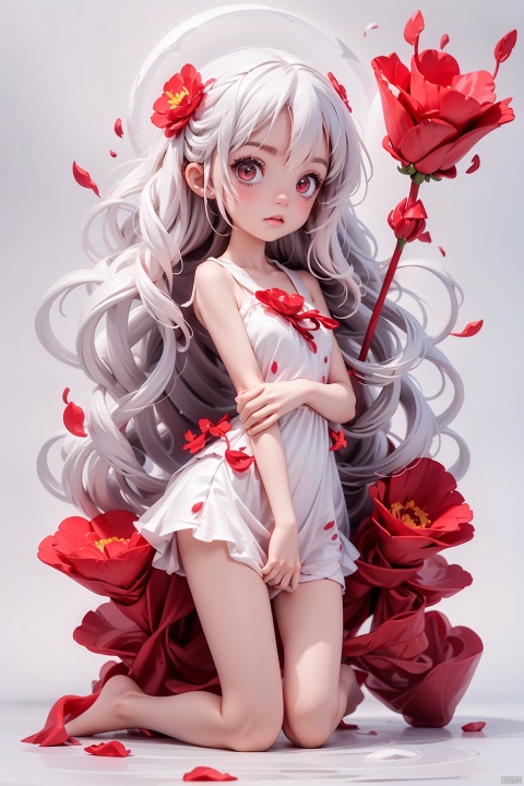  1girl,red eyes,white long translucent night gown,expressionless,(white hair),hair cover one eye,long hair,red hair flower,kneeling on lake,blood,(plenty of red petals:1.35),(white background:1.5),(English text).,(loli:1.5),(5yo:1.5),(very_long_hair,:1.3),chibi, edool