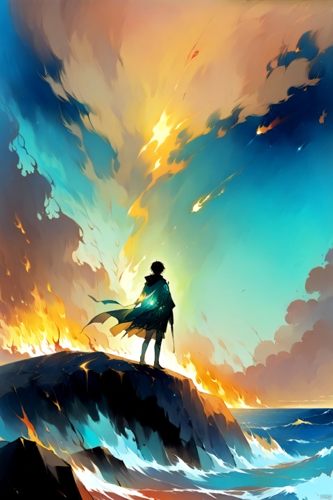 (score_9,score_8_up,score_7_up,score_6_up,score_5_up,score_4_up） 
a lonely boy standing on a rock at sea, watching the sky full of fireballs fallen from outer space, a doom day of earth,