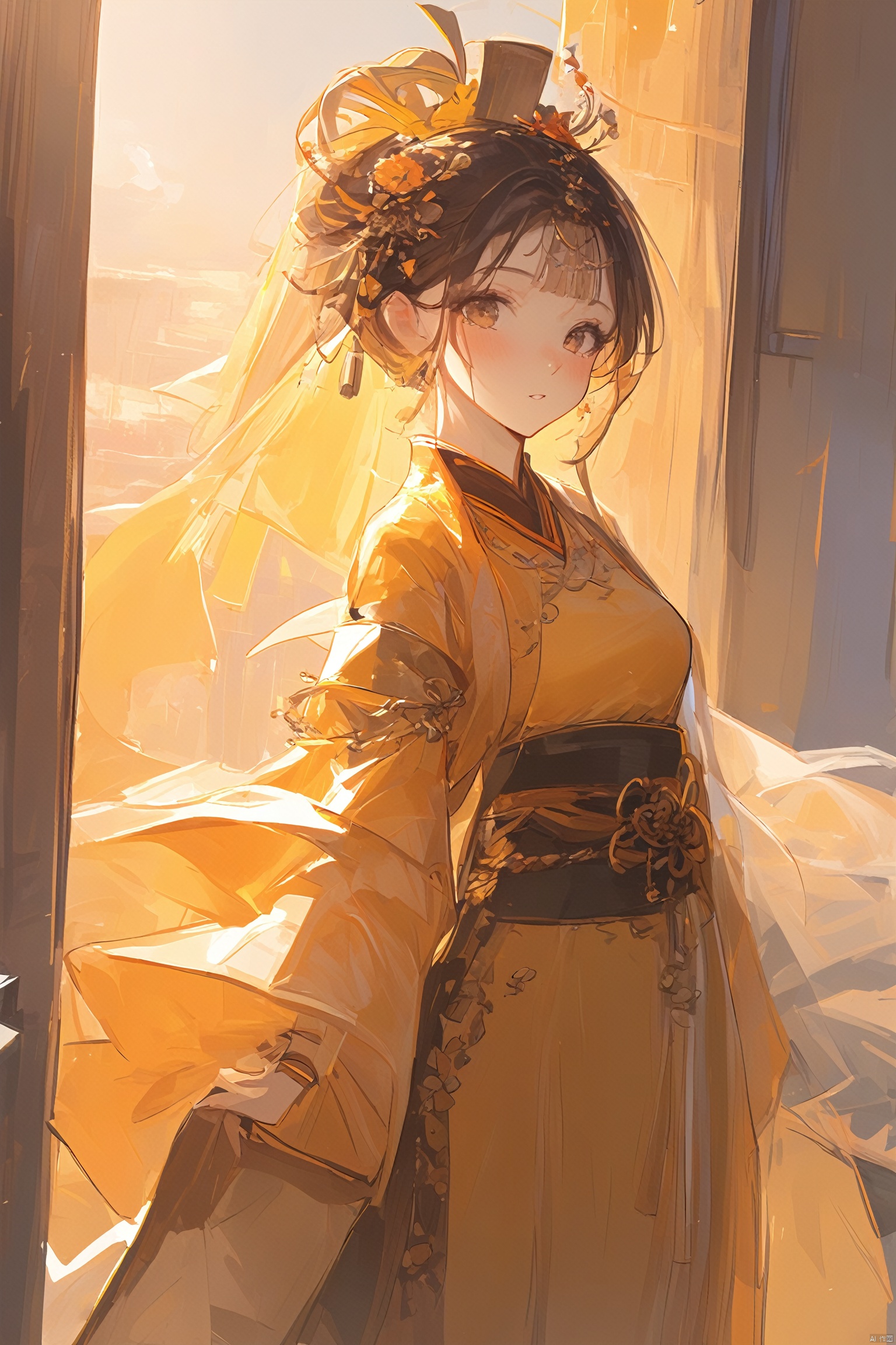  {{master piece}},best quality, baiwe7033 style,1girl,solo,standing on windows,sun light on her head,nishang,nishang clothes,yellow orange theme,