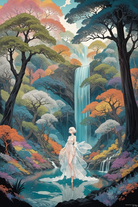  masterpiece, best quality, as7033,,line art,line style,as style,
solo, 1girl, scenery, short hair, tree, white hair, dress, shawl, outdoors,   a figure in a flowing, transparent dress flying through a colorful, abstract landscape, The figure appears to be a woman with short hair, and she is surrounded by a variety of colors and patterns, The background features a waterfall, trees, and other natural elements, as well as abstract shapes and patterns, The overall effect is dreamlike and otherworldly, figure, transparent dress, short hair, woman, flying, waterfall, trees, natural elements, abstract shapes, dreamlike, otherworldly